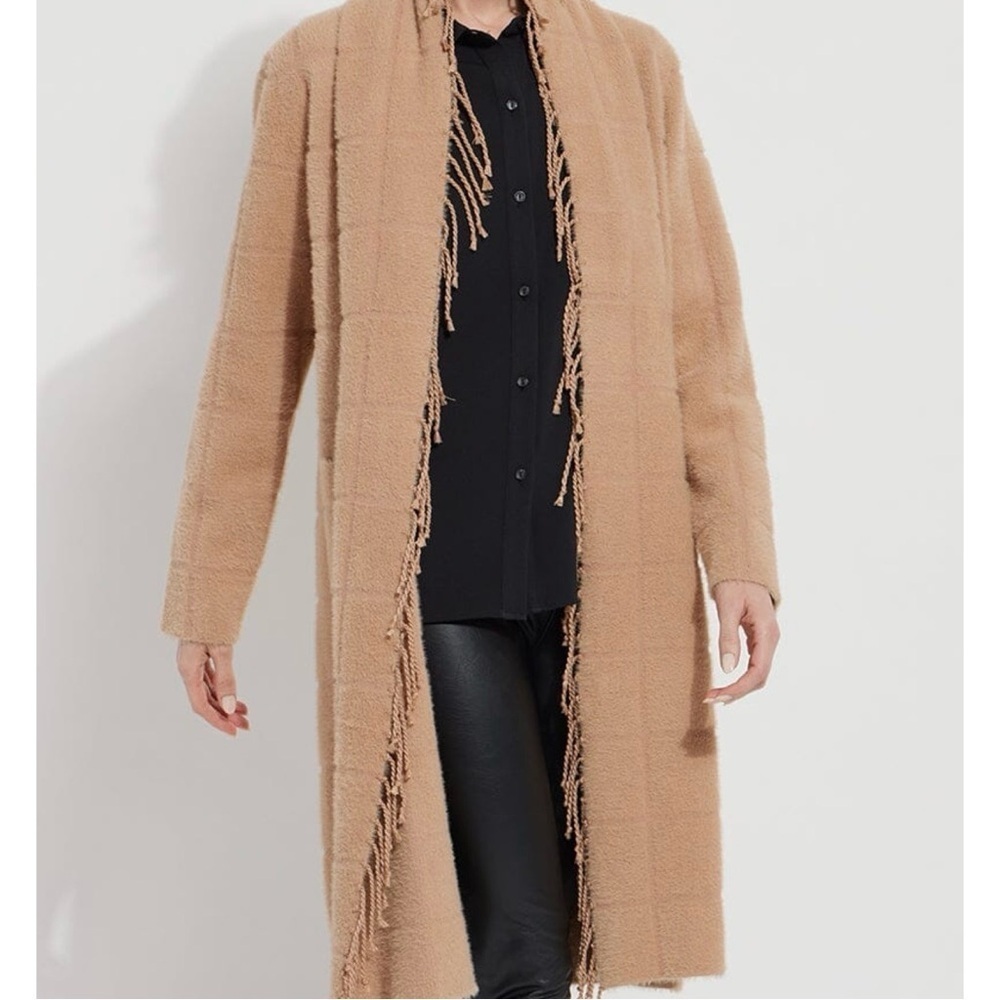 LYSSE Alice Fringe Sweater Coat Macaroon Plaid Cardigan Shawl Jacket